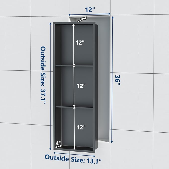 Neodrain 12X36 Inch Shower Niche, Gun Metal 3-Tier Stainless Wall Niche NO Tile - Image 3