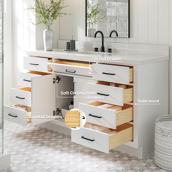 ARIEL 67" White Bathroom Vanity, 1.5" Edge Pure White Quartz Countertop & Splash - Image 3
