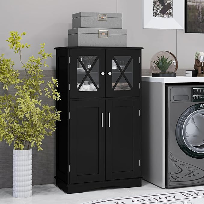 Tangkula Freestanding Floor Cabinet w/2 Glass Doors, 3-Level Adjustable Shelves - Image 4
