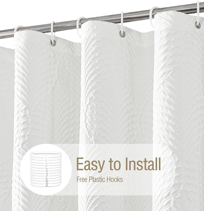 Gibelle White Shower Curtain for Bathroom, 3D Embossed Textured Fabric Curtain - Image 2