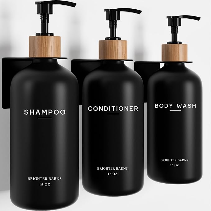 Black Shampoo and Conditioner Dispenser Set Wall Mounted by Brighter Barns by BrighterBarns