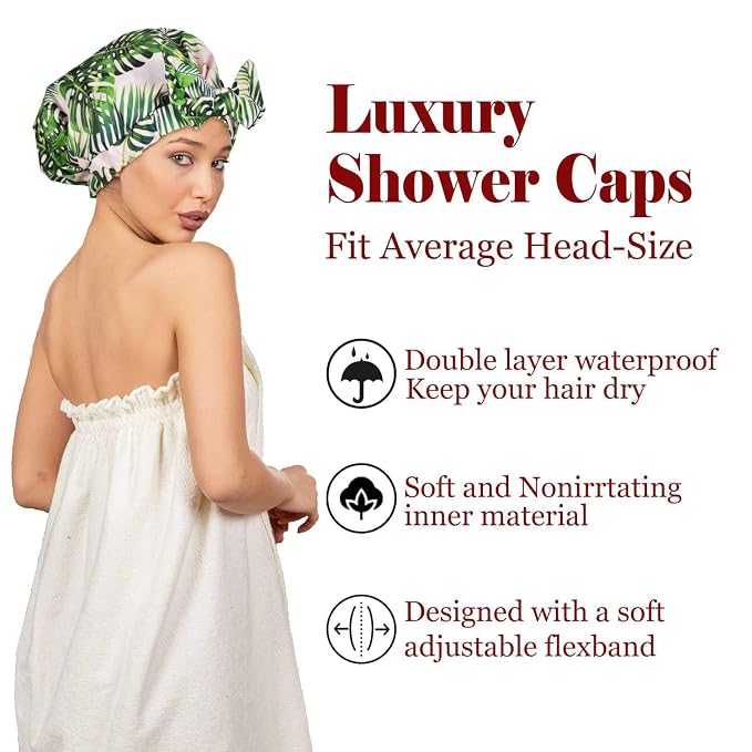 Shower Cap Luxury Shower Caps for Women Reusable Waterproof Hair Cap for Shower - Image 2