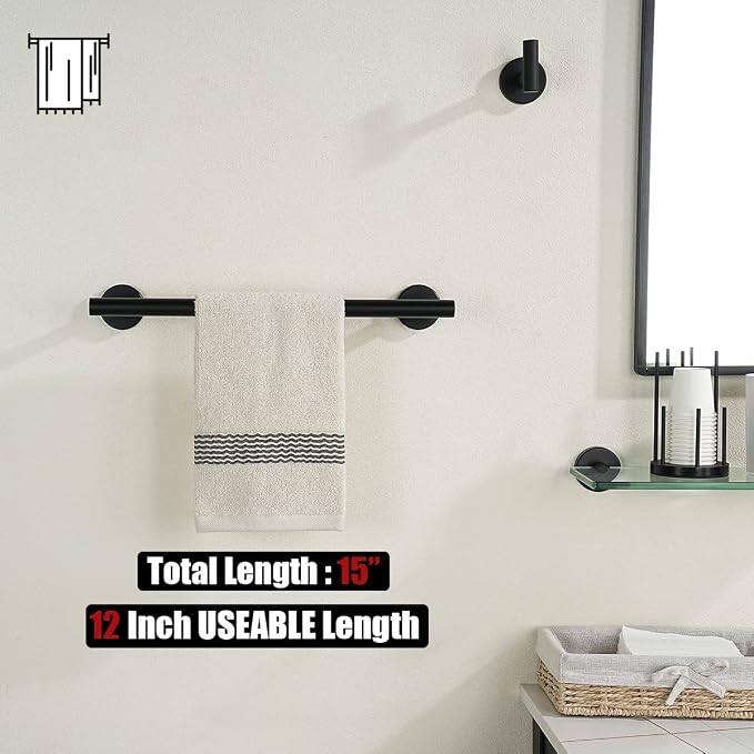 JQK Black Towel Bar, 12 Inch 304 Stainless Steel Thicken 0.8mm Hand Towel Rack - Image 3