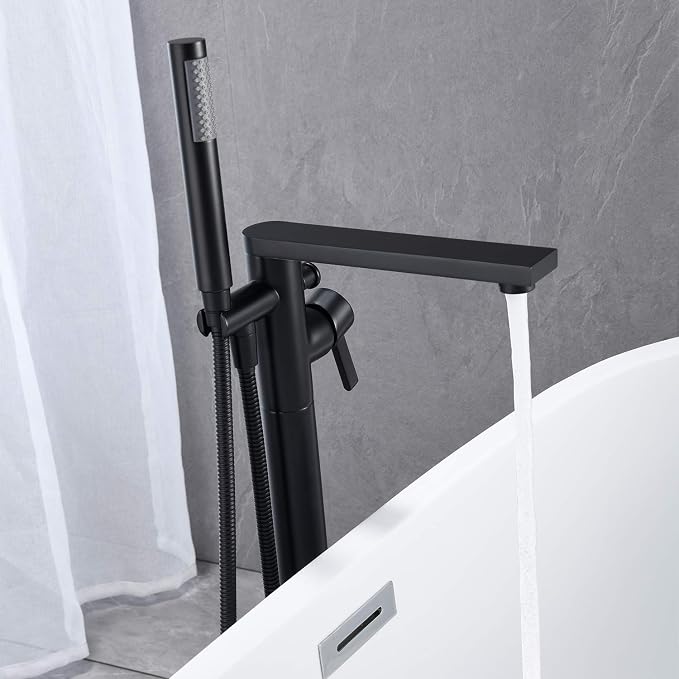 Freestanding Bathtub Faucet Tub Filler Black Floor Mount Brass Single Handle - Image 4