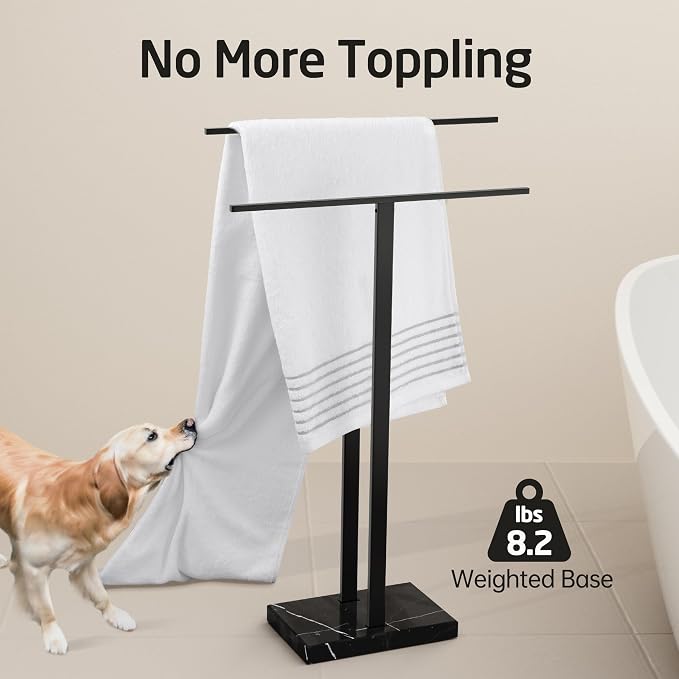 KES Standing Towel Rack with Black Natural Marble Base, 2-Tier Towel Rack Stand - Image 2