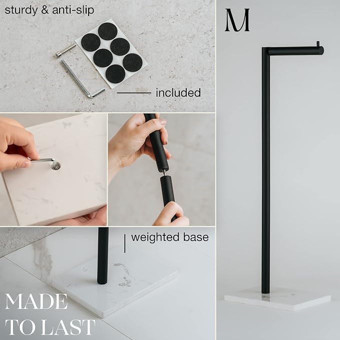 MARMOLUX ACC Free Standing Matte Black Toilet Paper Holder Stand White Marble - Image 3