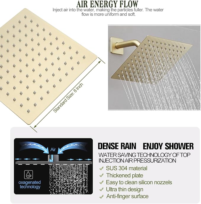 Brushed Gold Shower System 8 Inch Bathroom Luxury Rain Mixer Shower Combo Set - Image 3