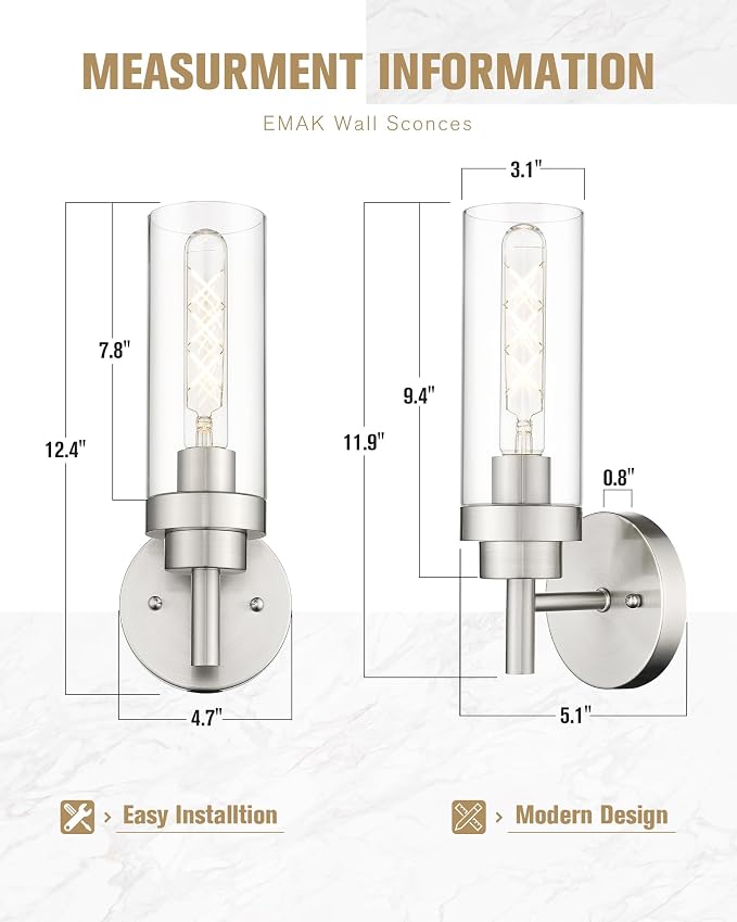 Emak Brushed Nickel Wall Sconce Light, Modern Bathroom Light Fixtures - Image 4