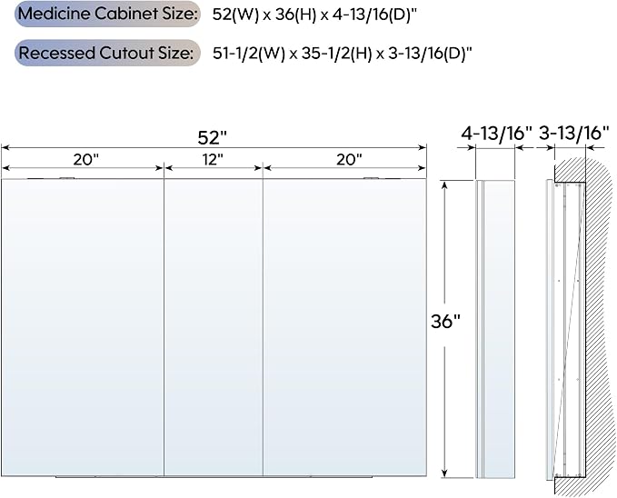 WELLFOR 52" x 36" Bathroom Medicine Cabinet - Image 2