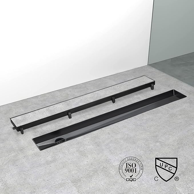 Offset Linear Shower Drain, Brushed 304 Stainless Steel Side Outlet Black Floor - Image 4