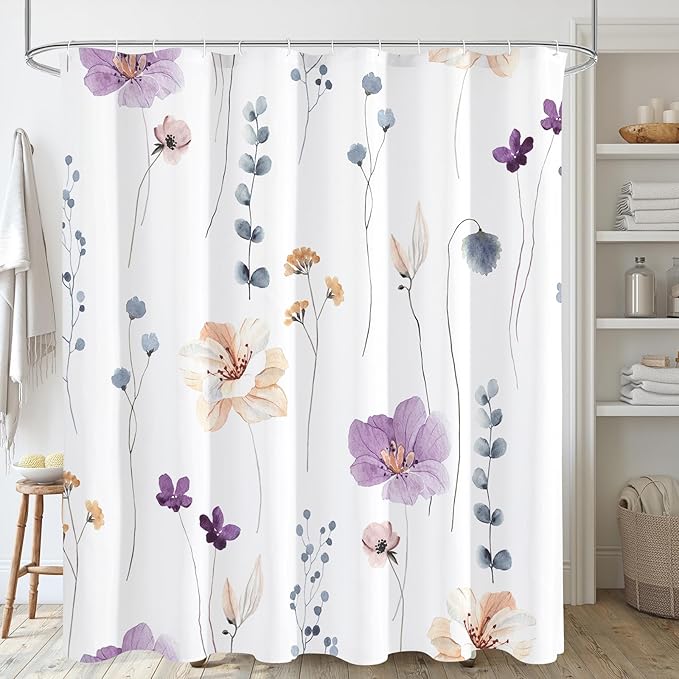 Gibelle Extra Long Shower Curtain 72 x 84, Watercolor Floral Fabric Shower by Gibelle
