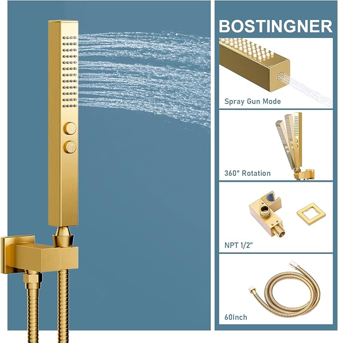 Shower System Brushed Gold Shower Faucets Sets, Bostingner 10" Rain Shower Head - Image 4