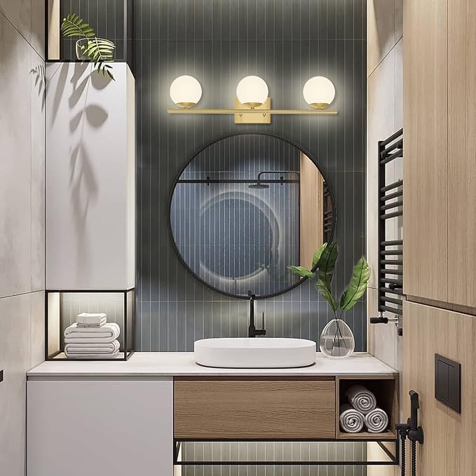 New Bathroom Vanity Light Fixtures 3 Lights Brushed Brass Glass Shade Modern - Image 2