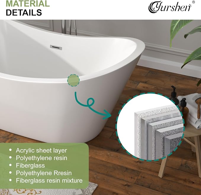 59" Freestanding Acrylic Bathtub – White Double Slipper Soaking Tub - Image 6