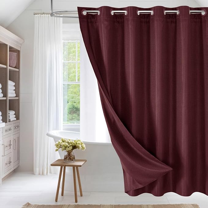 MitoVilla No Hooks Needed Extra Long Shower Curtain Liner Set, Burgundy 86 inch by MitoVilla