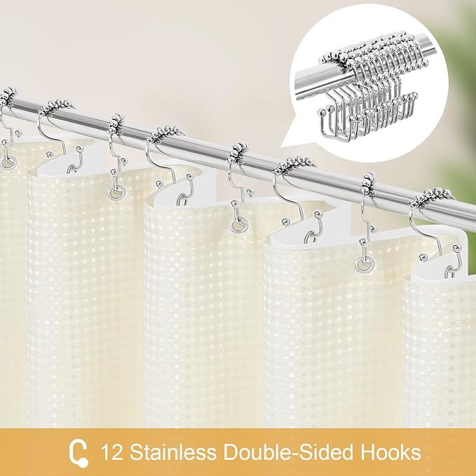 3 in 1 Extra Long Cream Shower Curtain Set-72 W x 84 H, Ivory Waffle and PEVA - Image 3