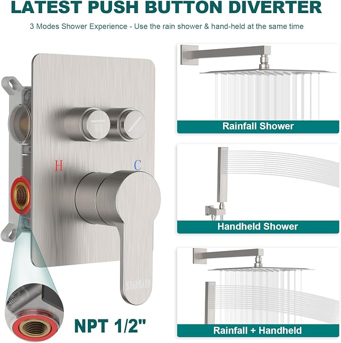 Rainfall Shower System, 12 inch Wall Mounted Rain Shower Head - Image 2