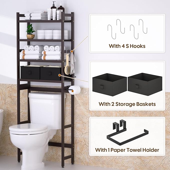 Over The Toilet Storage with 2 Baskets, 4-Tier Bamboo Organizer Rack with Paper - Image 4