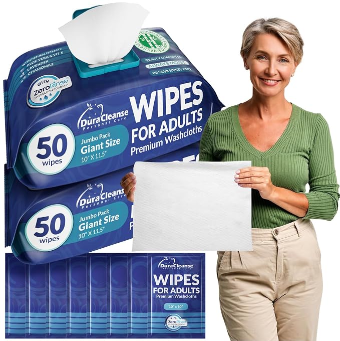 XL Bath Wipes for Adults No Rinse – 100 Count + 8 Travel Body Wipes, After by DuraCleanse