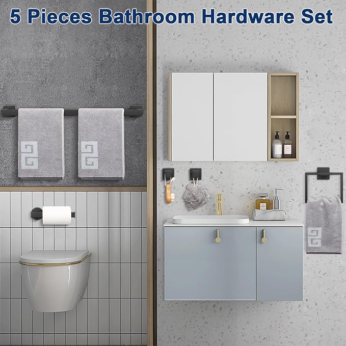 NearMoon 5 Pieces Bathroom Hardware Set 304 Stainless Steel, Square Towel Rack - Image 3