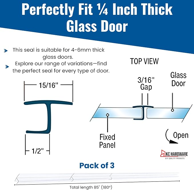 KC Hardware 85 Inch Frameless Shower Door Side Seal Strip, H-Type Glass Shower - Image 3
