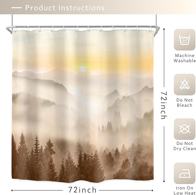 Riyidecor Misty Mountain Shower Curtain 72Wx72H Inch Brown Sunrise Nature - Image 4