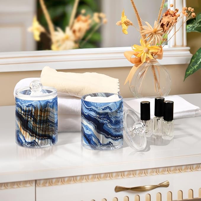 MNSRUU 2 Pack Qtip Holder Organizer Dispenser Blue Marbling Bathroom Storage - Image 7