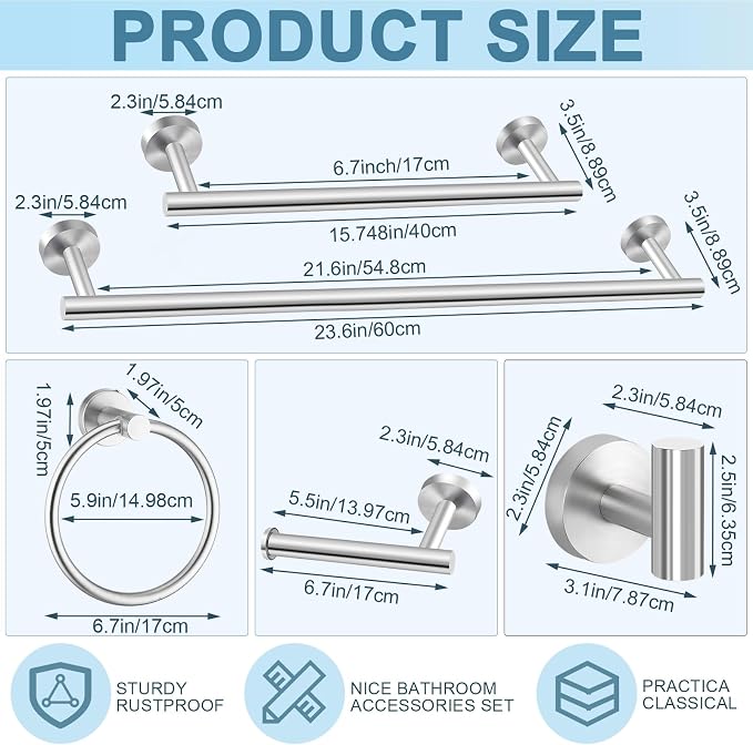 Gisafai 20 Pcs Bathroom Hardware Set, 23.6 Inch Brushed Towel Bar Ring Toilet - Image 2