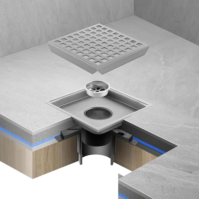 Shower Drain, Chrome 6 inch Square Shower Floor Drain - Image 5