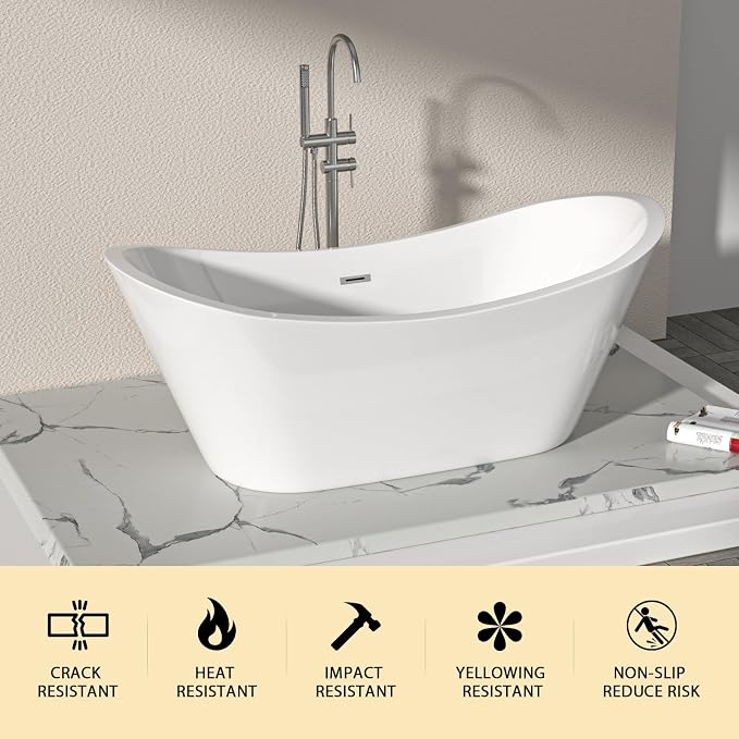 Logmey 67" Freestanding Bathtub White Acrylic Oval Shape Soaking Tub - Image 7