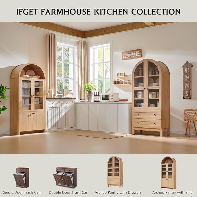 71" Tall Arched Kitchen Pantry, Modern Farmhouse Wood Kitchens Storage Cabinets - Image 6