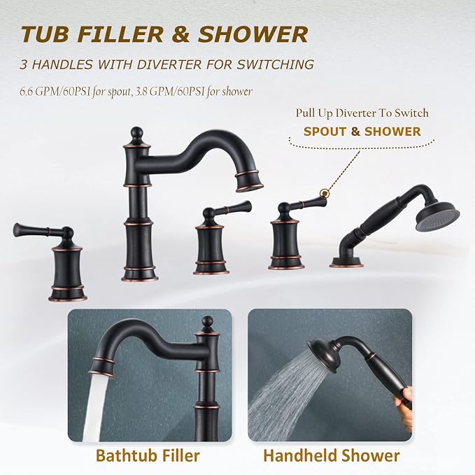 Roman Tub Faucet Set With Handheld Shower 5 Hole Deck Mount Tub Filler With - Image 3