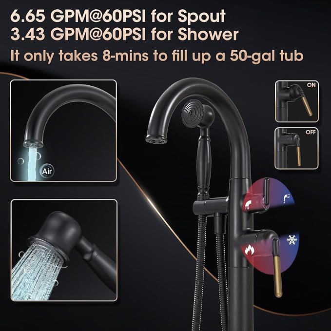 Freestanding Bathtub Faucet Black & Rose Gold Tub Filler High Flow - Image 3