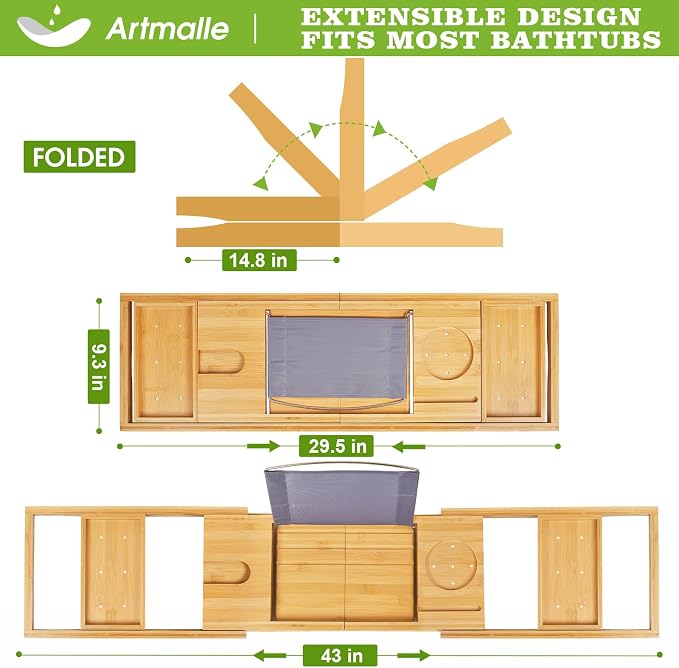 Artmalle Bathtub Caddy Tray for Tub, Foldable Bamboo Bath Table Tray - Image 3