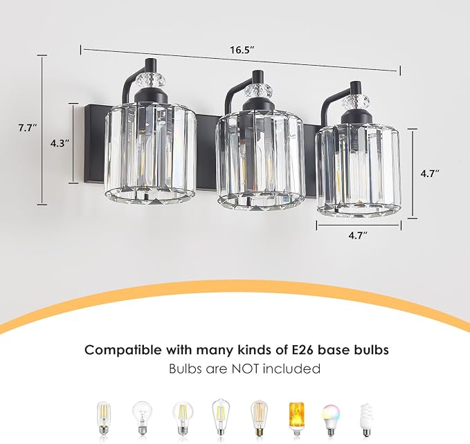 3-Light Black Bathroom Light Fixtures Over Mirror Modern Vanity Lights Crystal - Image 3