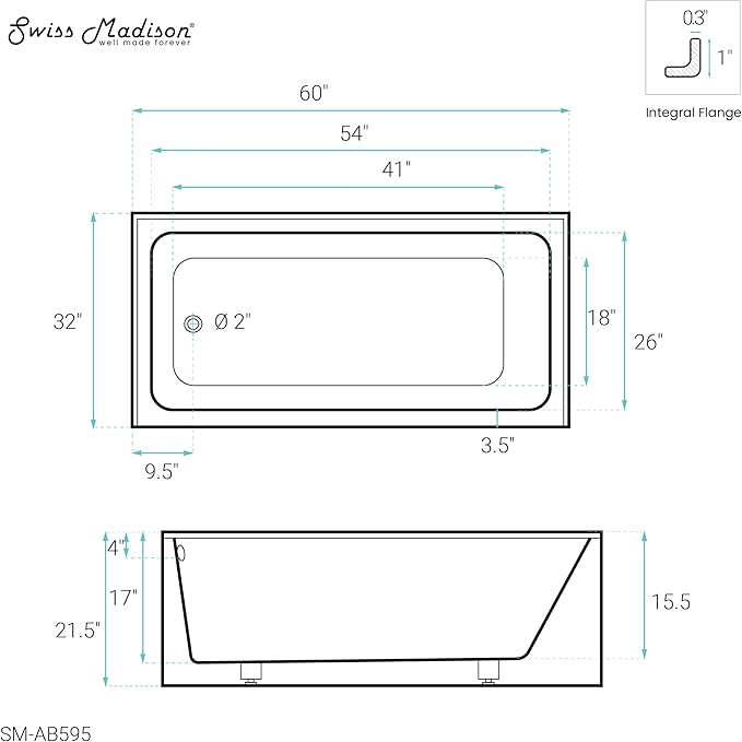 Voltaire 60" X 32" Left-Hand Drain Alcove Bathtub - Image 8