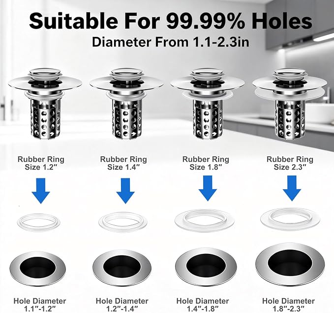 Beruth Bathroom Sink Stopper Hair Catcher, 304 Stainless Steel Pop Up Drain - Image 3