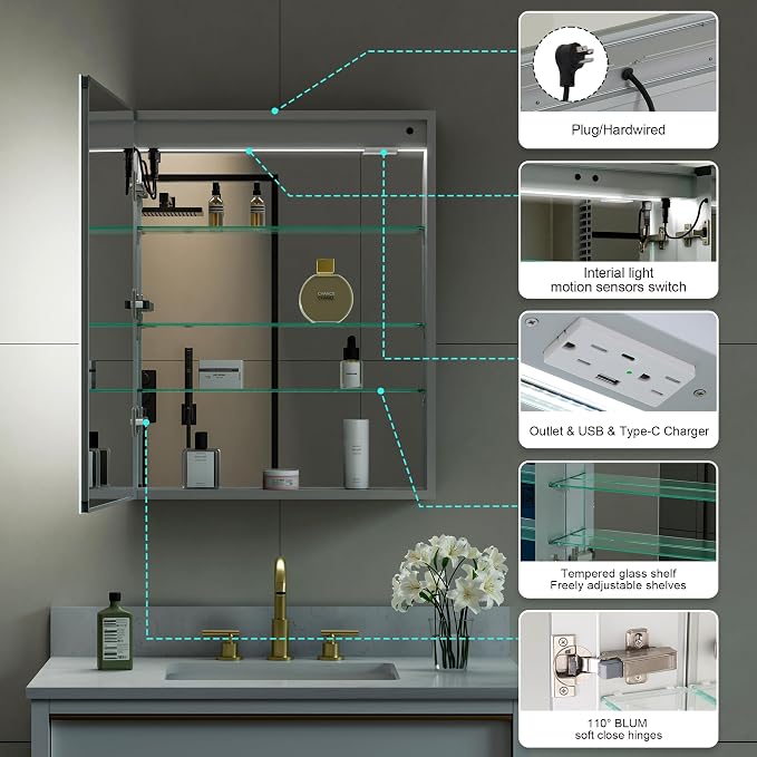 WELLFOR 24" X 30" LED Medicine Cabinet - Image 7