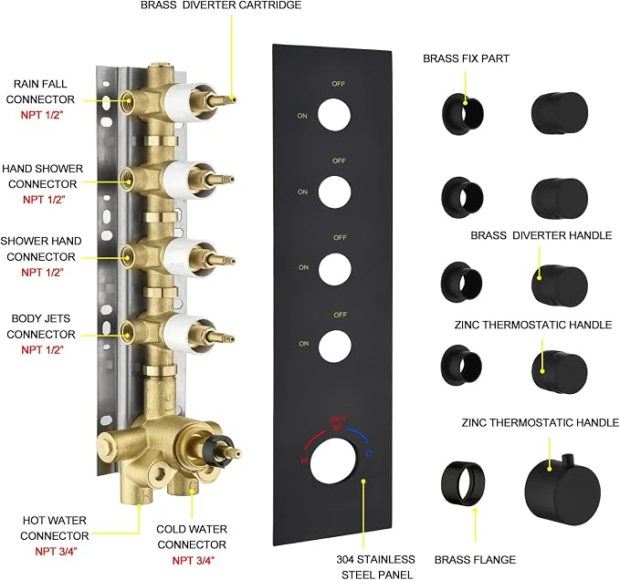 Brass Matte Black 4-Way Thermostatic Shower Diverter Valve - Image 4