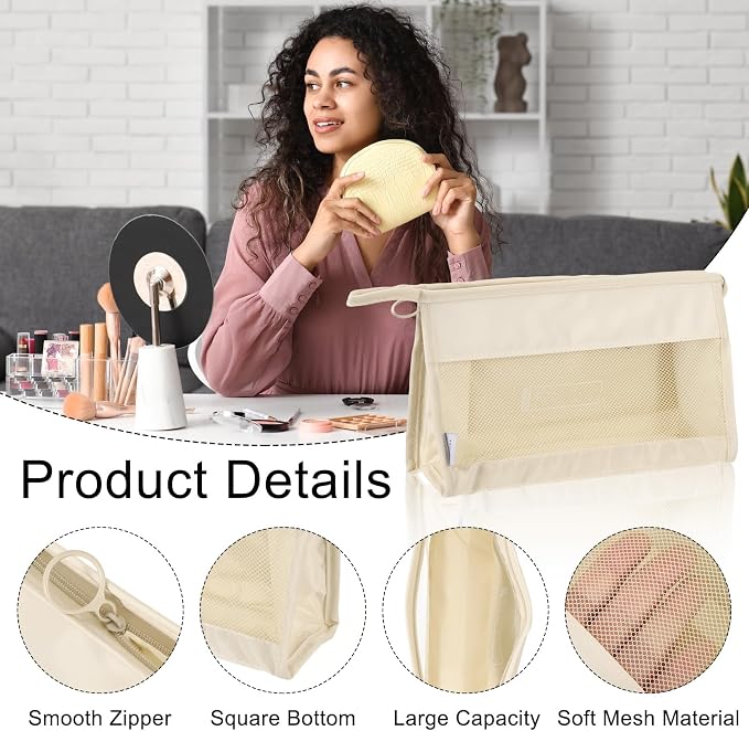 uxcell Mesh Makeup Bag, Large Capacity Travel Zipper Cosmetic Bags, Beach Mesh - Image 3