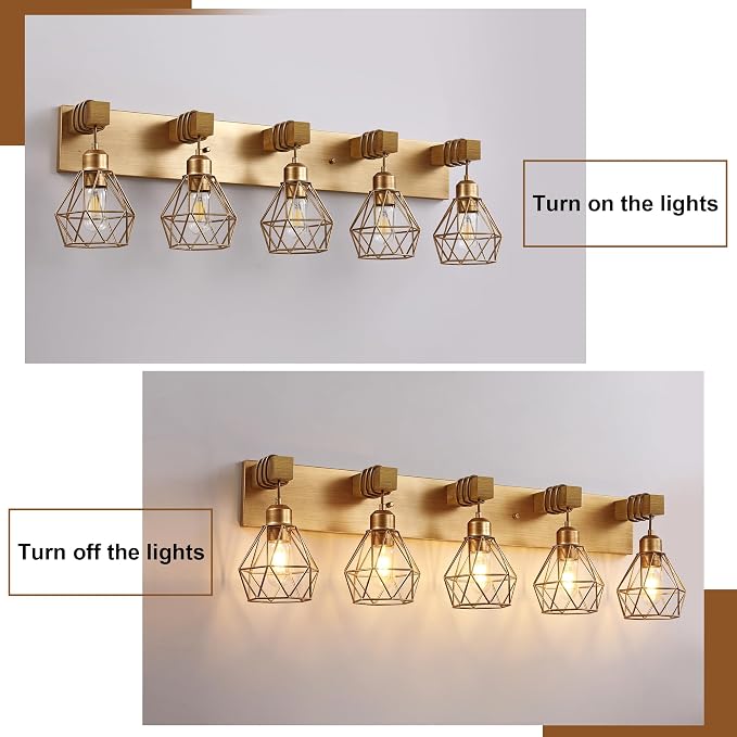 Farmhouse Bathroom Light Fixtures, 5-Light Gold Bathroom Vanity Light, Rustic - Image 5
