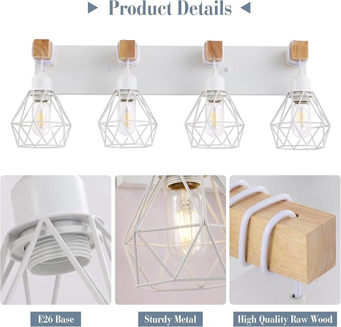 Farmhouse Vanity Light for Bathroom, 4-Light White Wood Bathroom Vanity Light - Image 3