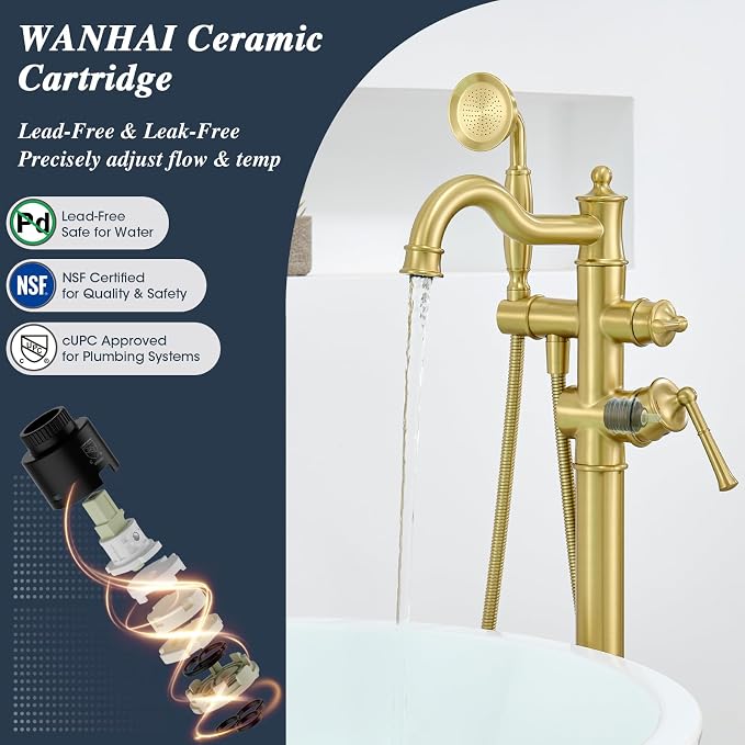 Free Standing Tub Faucet, Qinkell Classic Elegant Gooseneck Freestanding - Image 7
