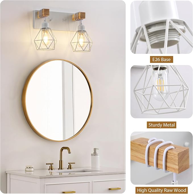 Farmhouse Vanity Light for Bathroom, 2-Light White Wood Bathroom Vanity Light - Image 3