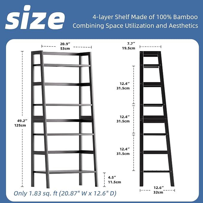 HITNET Black Bookshelf, 4-Tier Ladder Shelf, Freestanding Leaning Bookcase - Image 3
