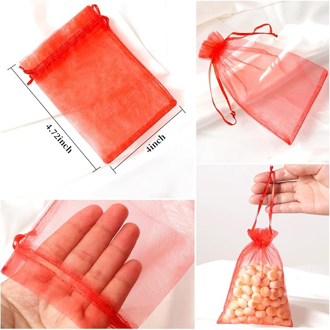 Hopttreely 100pcs Organza Bags, 4 x 4.72 inches Red Christmas Wedding Favors - Image 2