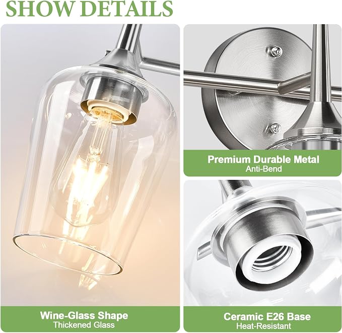 3-Light Bathroom Light Fixtures, 19.5 in Brushed Nickle Vanity Lights - Image 3