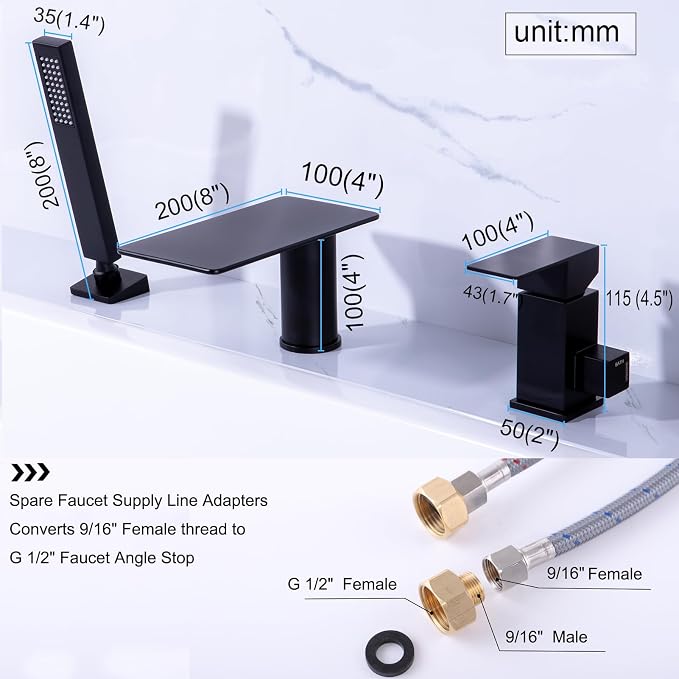 Roman Tub Faucet with Hand Shower, Matte Black Deck Mount Waterfall Tub Faucet - Image 6