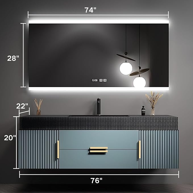76" Bathroom Vanity with Single Sink, Floating Bathroom Vanities with LED Smart - Image 2
