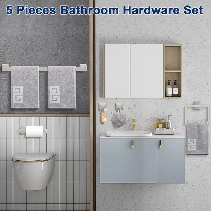 NearMoon 5 Pieces Bathroom Hardware Set 304 Stainless Steel, Square Towel Rack - Image 3